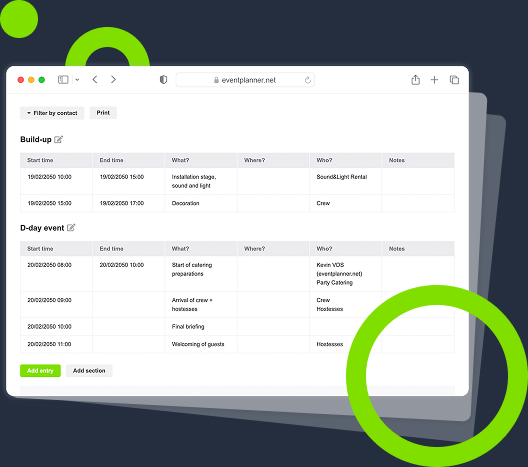 Screenshot van een event­draaiboek gemaakt met de eventplanner.net event software.