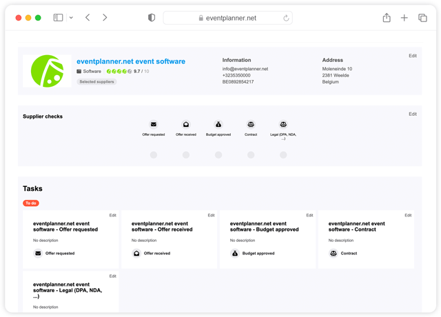 Suppliers-interface met dashboard om een eventleverancier of locatie te beheren.