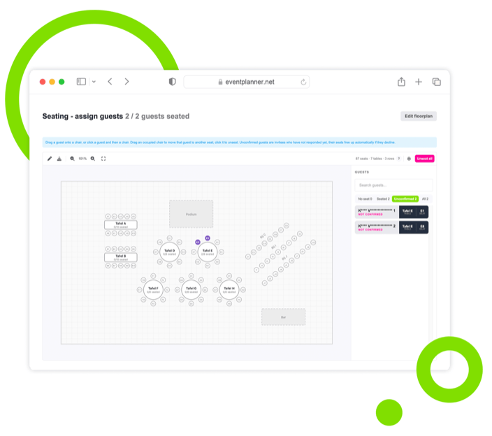 Screenshot van het eventdiagramcanvas van eventplanner.net met een op schaal getekende plattegrond van de locatie.