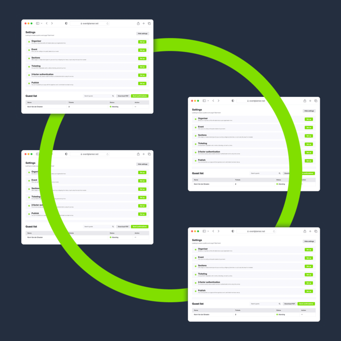 Meerdere kleine screenshots van de eventplanner.net eventsoftware.